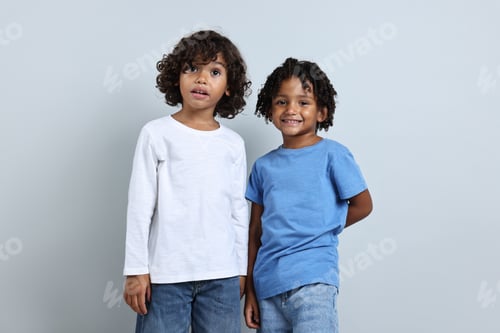 Preview: Portrait of cute brothers on light grey background