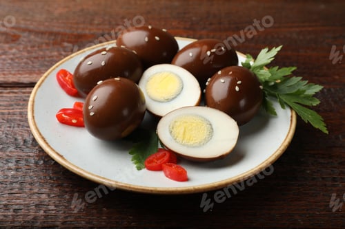 Preview: Pickled quail eggs on wooden table, closeup