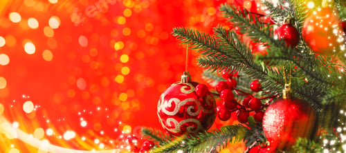Preview: Christmas greeting card. Fir tree with festive balls and bokeh lights on red background, banner desi