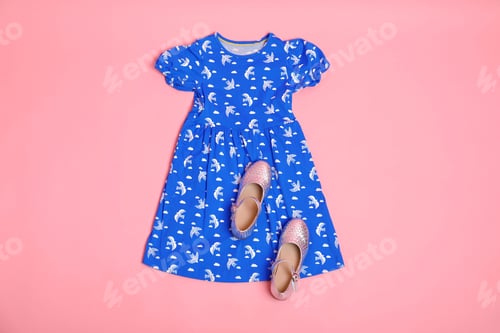 Preview: Stylish child clothes and shoes on pink background, flat lay