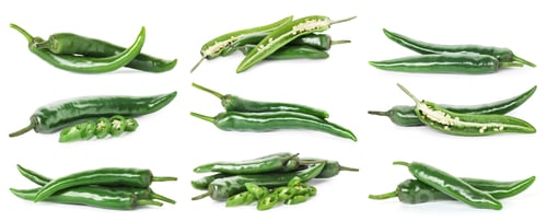 Preview: Green chili peppers isolated on white, set