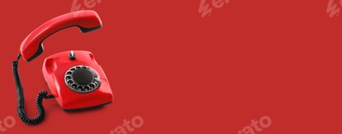 Preview: Old telephone with handset in air on red background, space for text. Hotline concept