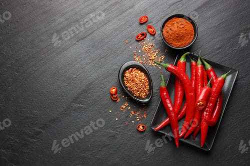 Preview: Red chili peppers, flakes and paprika powder on grey textured table, flat lay. Space for text
