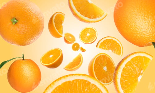 Preview: Fresh oranges swirling in air against golden background. Citrus fruit