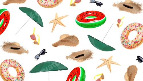 Preview: Summer seamless pattern of different seasonal objects on white background. Banner design