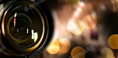Preview: Camera lens against blurred lights, bokeh effect. Banner design