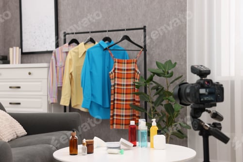 Preview: Beauty blogger's workplace. Cosmetic products, camera and clothes indoors