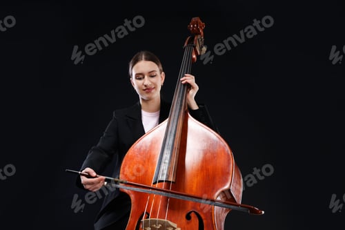 Preview: Girl playing double bass on black background, low angle view