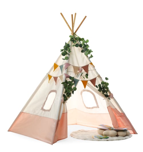 Preview: Stylish wigwam for child's room with leaves, books and pillow isolated on white