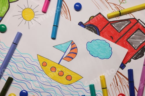 Preview: Child's drawings and felt-tip pens as background, top view