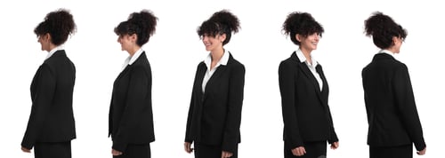 Preview: Beautiful woman on white background. Collage of portraits from different sides