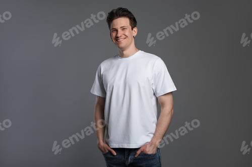 Preview: Handsome young man in blank white t-shirt on grey background. Mockup for design