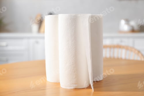 Preview: Rolls of paper towels on wooden table in kitchen, closeup