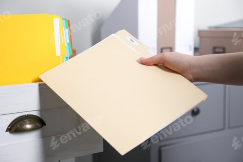 Preview: Tax. Woman with folder near cabinet in office, closeup
