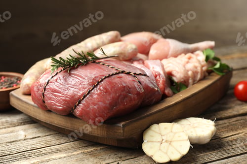 Preview: Different raw meat products and spices on wooden table, closeup