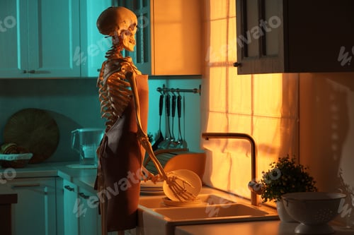 Preview: Human skeleton washing dishes in kitchen sink at night
