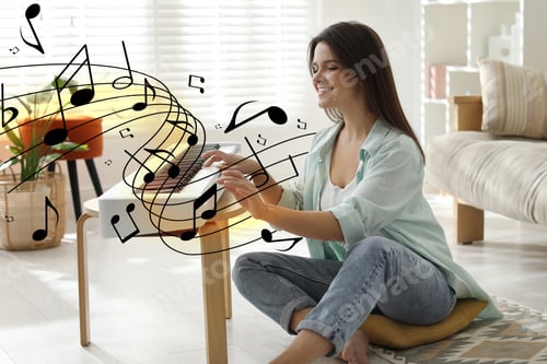 Preview: Smiling woman playing synthesizer on floor at home. Musical notes flying around