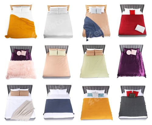 Preview: Large beds with different bed linens isolated on white, set