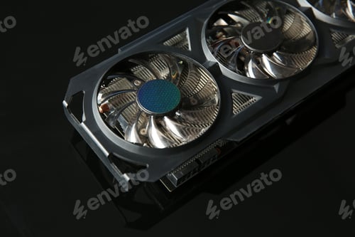 Preview: Computer graphics card on dark mirror surface, closeup