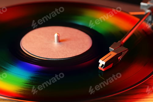 Preview: Vinyl record player with disc in rainbow colors, closeup view
