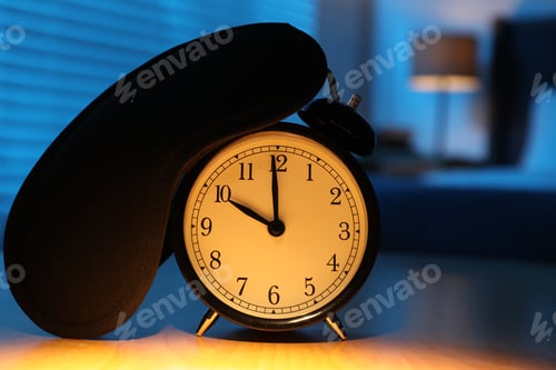 Preview: Alarm clock and sleeping mask on table in bedroom at night, closeup