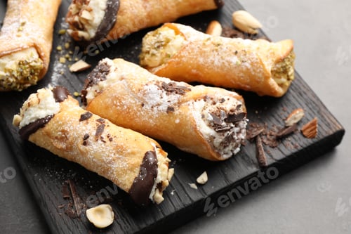 Preview: Delicious canoli with cheese, chocolate and almonds on black table, closeup