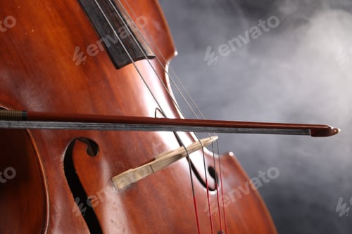 Preview: Double bass and bow on dark background with smoke, closeup