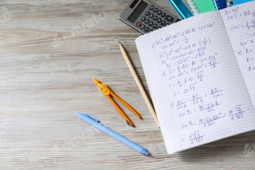 Preview: Homework. Notebook with math formulas and different stationery on light grey wooden table, flat lay.