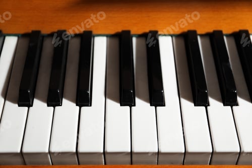 Preview: Closeup view of piano keys. Musical instrument