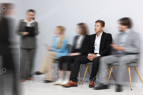 Preview: Group of people indoors, motion blur effect. Busy office life