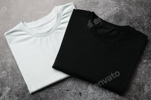 Preview: Blank folded t-shirts on grey textured background, top view. Mockup for design