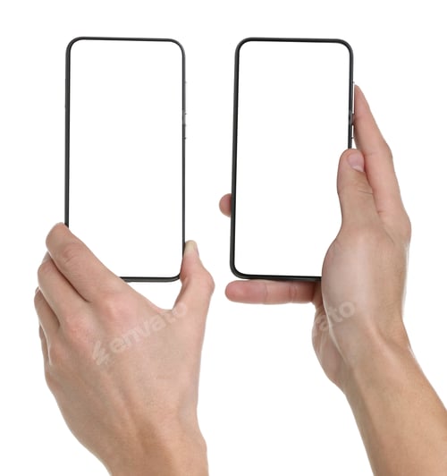 Preview: Man holding mobile phones with blank screen on white background. Mockup for design