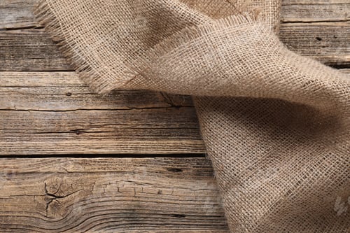 Preview: Natural burlap fabric on wooden table, top view. Space for text