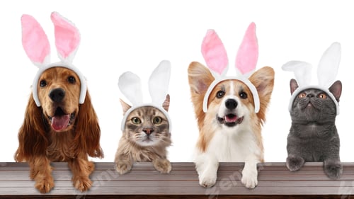 Preview: Cute dogs and cats with Easter bunny headbands peering out of table on white background