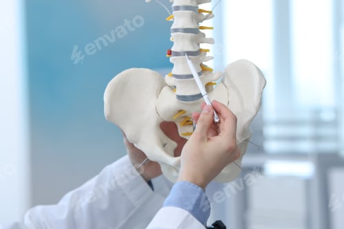 Preview: Doctor demonstrating human spine model in clinic, closeup