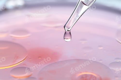 Preview: Dripping liquid from pipette into Petri dish on light background, closeup