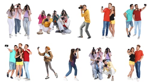 Preview: People taking photo. Collection of portraits on white background