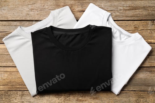 Preview: Blank folded t-shirts on wooden background, top view. Mockup for design