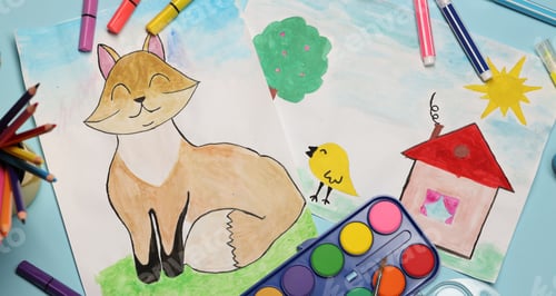 Preview: Child's drawings, felt-tip pens, paints and pencils on light blue background, flat lay