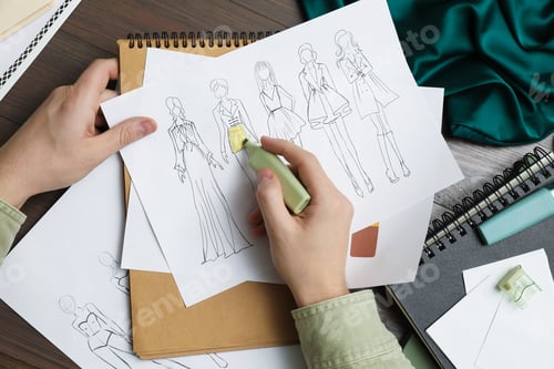 Preview: Fashion designer drawing sketch of outfits at wooden desk, top view