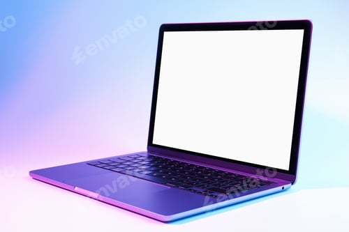 Preview: Modern laptop with blank screen in neon lights on white background