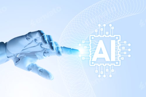 Preview: Robotic hand touching virtual AI microchip against light blue gradient background. Artificial intell