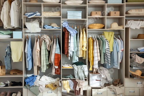Preview: Different messy clothes in wardrobe at home