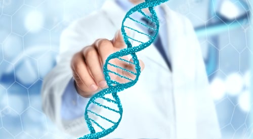 Preview: Scientist touching virtual DNA strand, closeup. Biochemistry and genetics researches