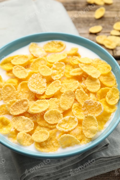 Preview: Tasty corn flakes with milk in bowl on table, closeup