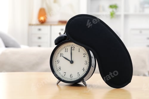 Preview: Alarm clock and sleeping mask on wooden table in bedroom, closeup. Space for text