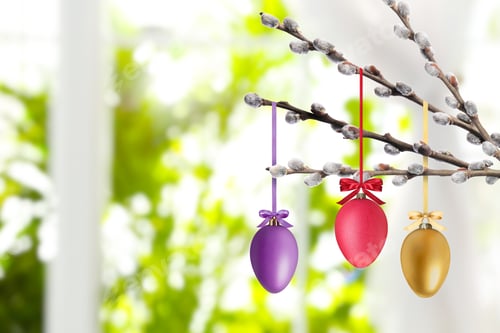Preview: Easter eggs hanging from willow branches near window indoors