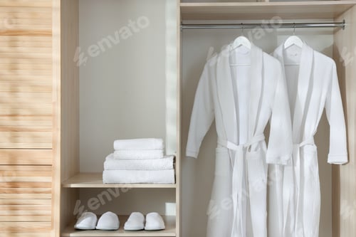 Preview: Two white bathrobes on hangers, fresh towels and slippers in wooden closet
