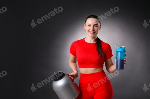 Preview: Woman with jar of protein powder and shaker on black gradient background, space for text