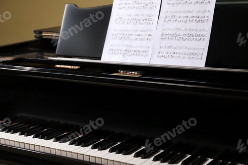Preview: Classic piano with notes indoors, closeup. Musical instrument